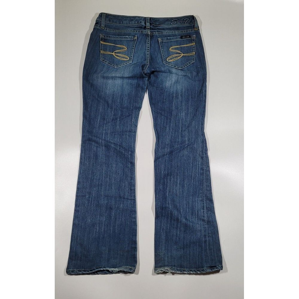 Seven7 Womens Flare Jeans‎ Medium Wash Blue Low Rise Embroidered Pockets Frayed
